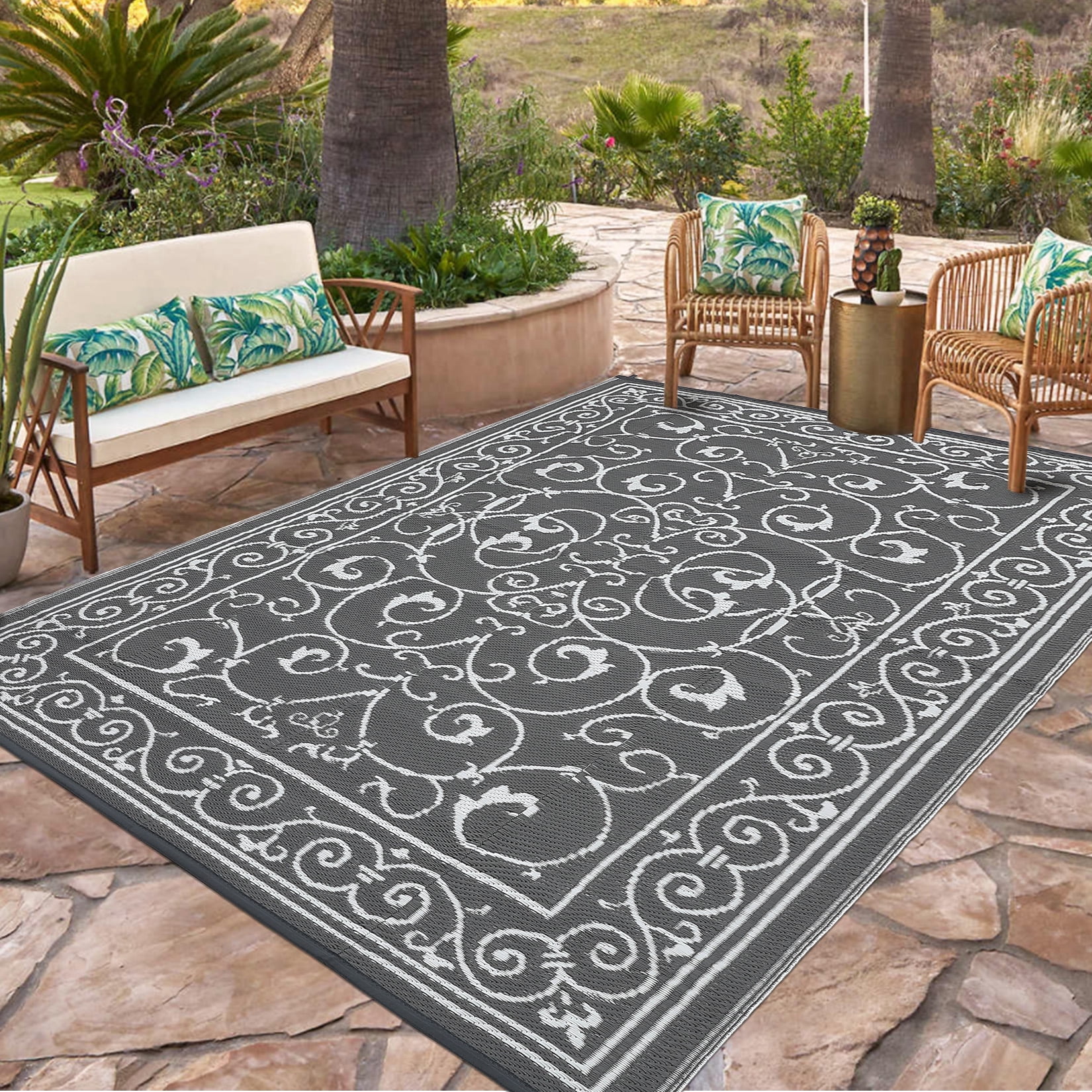 Garvee 9'x12' Outdoor Rug Waterproof Plastic Straw Rug, Reversible Outside Carpet UV Resistant Modern RV Mat for Backyard Garden Deck Poolside, Gray