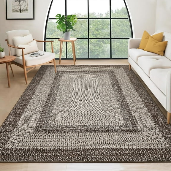 Garvee 9'x12' Printed Braided Rugs Farmhouse Bordered Carpet, Machine Washable Indoor Area Rug Non-Slip Low Pile Rugs for Living Room Bedroom Home Decor, Camel