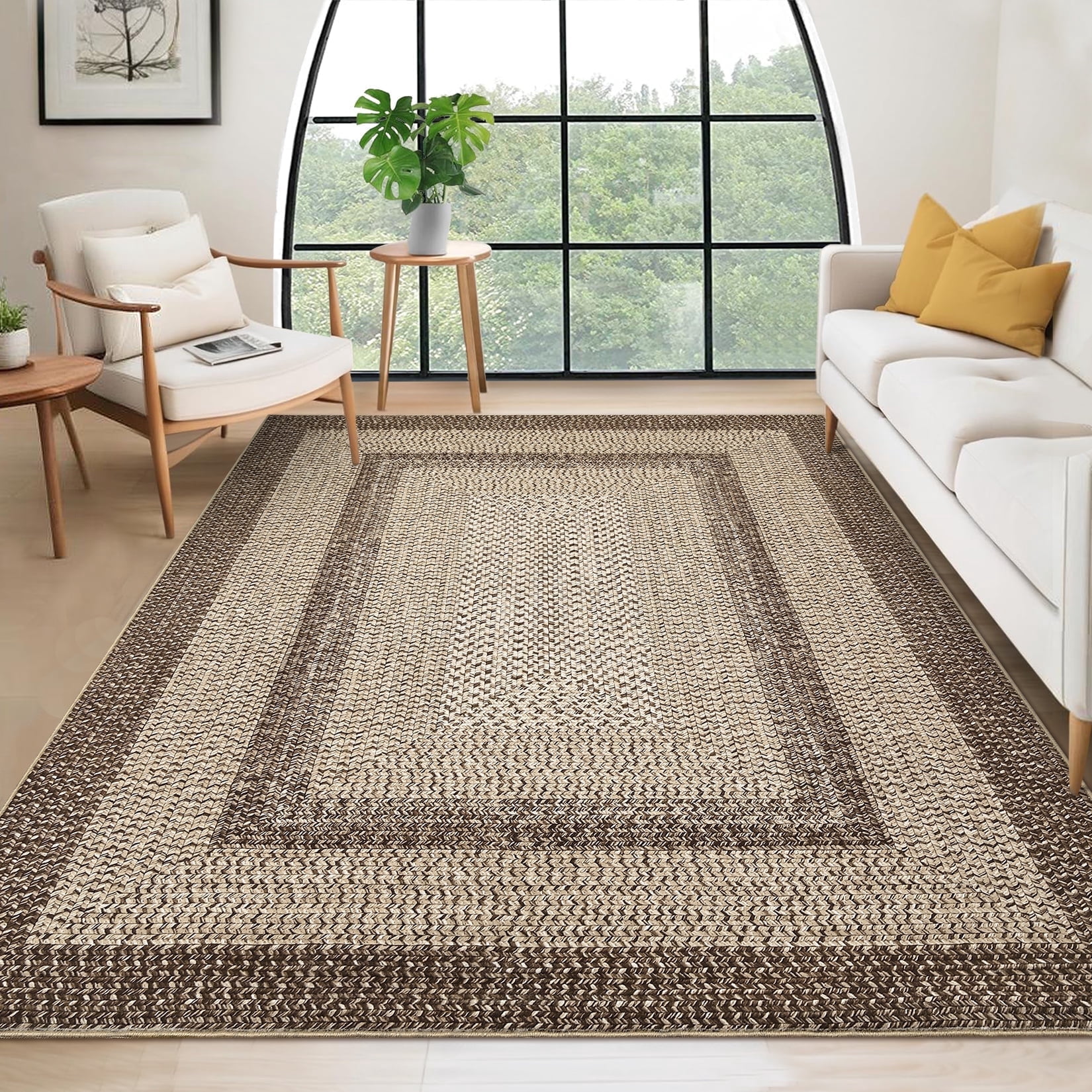 Garvee 9'x12' Printed Braided Rugs Farmhouse Bordered Carpet, Machine Washable Indoor Area Rug Non-Slip Low Pile Rugs for Living Room Bedroom Home Decor, Natural
