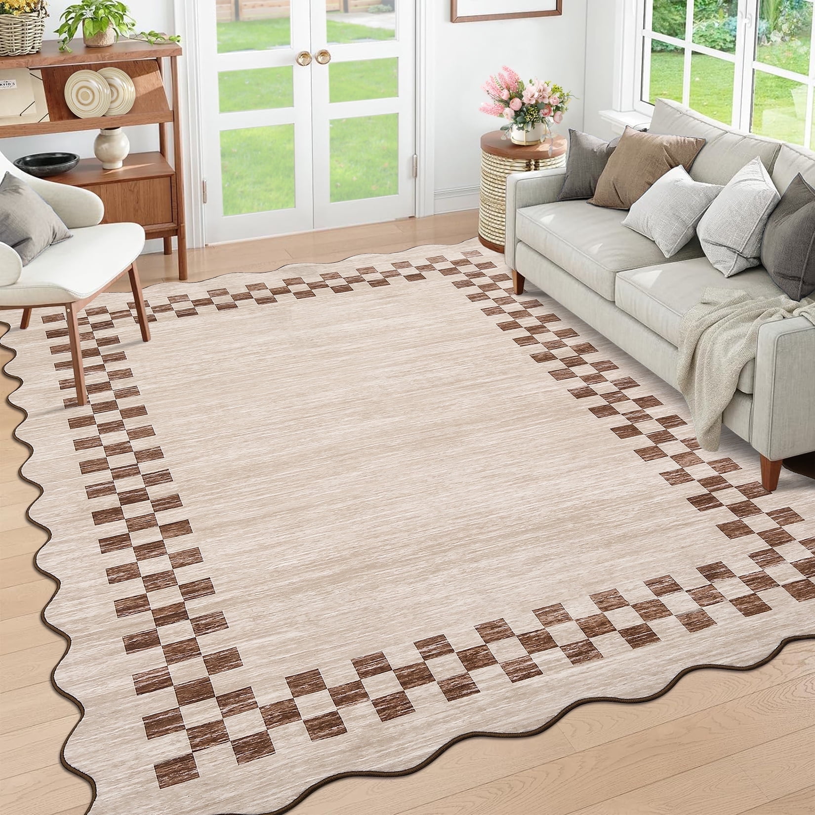 Garvee 9'x12' Scalloped Area Rug, Geometric Neutral Bordered Indoor Rugs Washable Rug Stain-Resistant Low Pile Carpet for Living Room Bedroom Home Decor, Light Camel