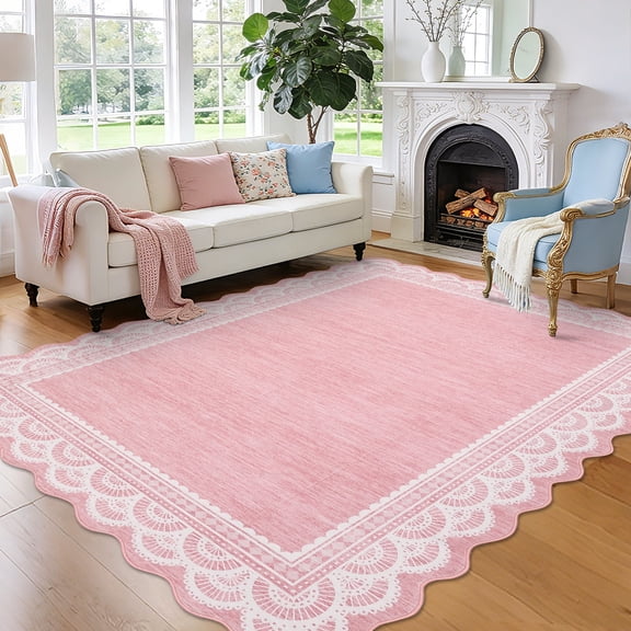Garvee 9'x12' Scalloped Area Rug Modern Lace Edge Carpet, Washable Solid Rug Non-Slip Low Pile Indoor Mats for Living Room Bedroom Home Decor, Pink