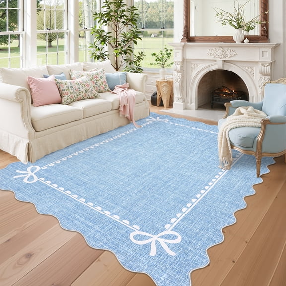 Garvee 9'x12' Scalloped Area Rug Modern Solid Rug, Washable Rug Soft Low Pile Carpet with Non Slip Backing for Living Room Bedroom Home Decor, Blue