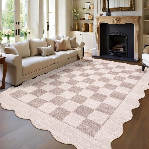 Garvee 9'x12' Scalloped Area Rugs Modern Checkered Carpet, Washable Non-Slip Rug Contemporary Floor Mats for Living Room Bedroom Dining Room, Beige Brown