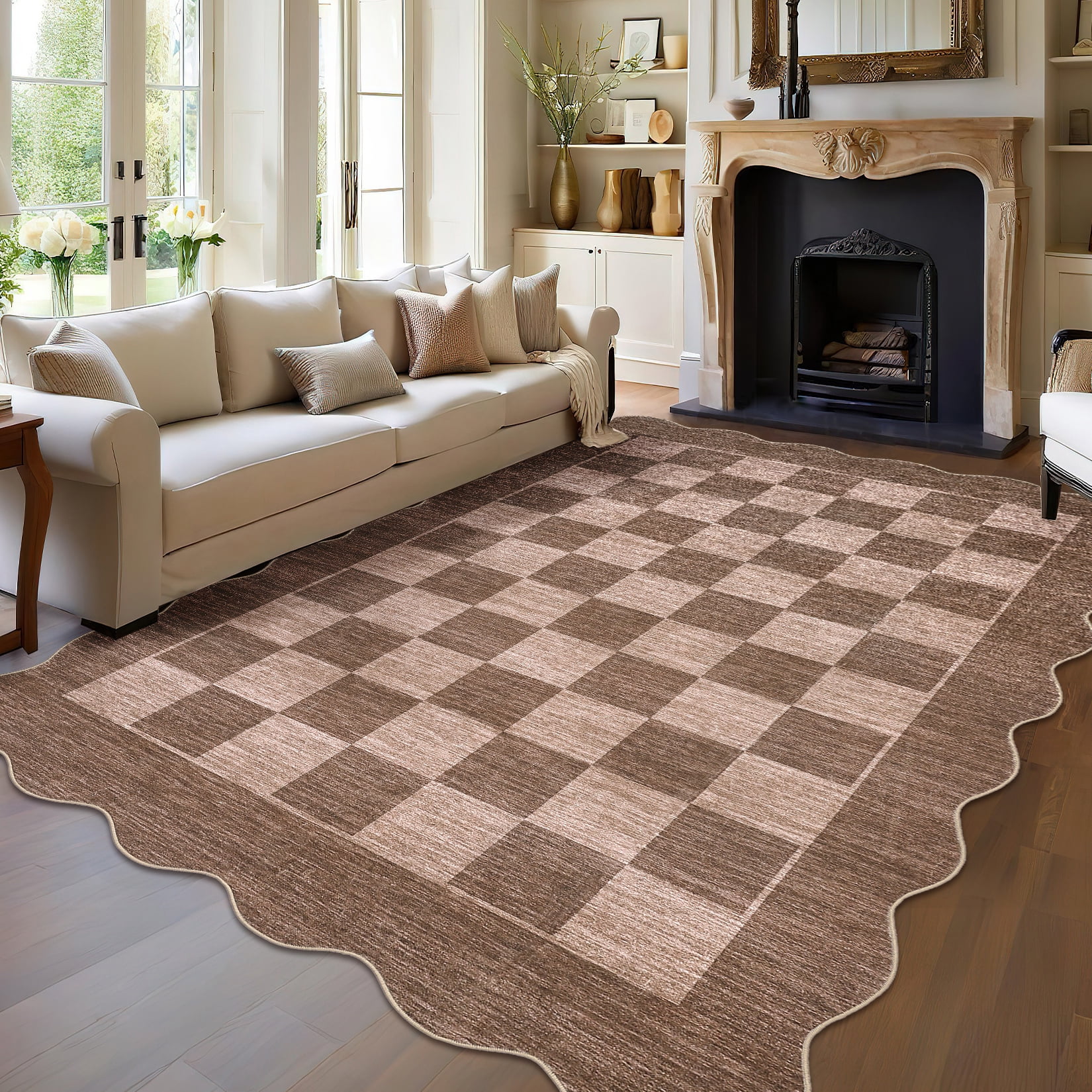 Garvee 9'x12' Scalloped Area Rugs Modern Checkered Carpet, Washable Non-Slip Rug Contemporary Floor Mats for Living Room Bedroom Dining Room, Brown