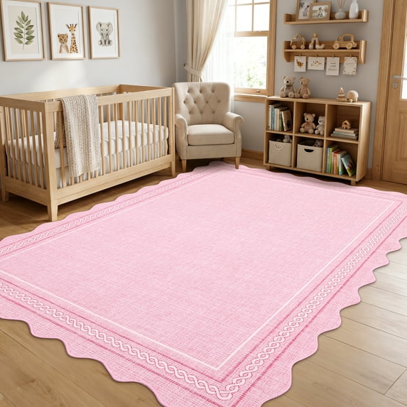 Garvee 9'x12' Scalloped Washable Area Rug Solid Border Carpet with Non Slip Backing, Soft Low Pile Rug for Living Room Bedroom Home Office, Pink