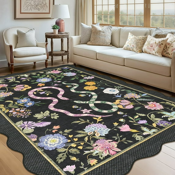 Garvee 9'x12' Snake Floral Area Rug Scalloped Rug, Machine Washable Farmhouse Indoor Carpet Non-Slip Low Pile Accent Rug for Living Room Bedroom Dining Room, Black