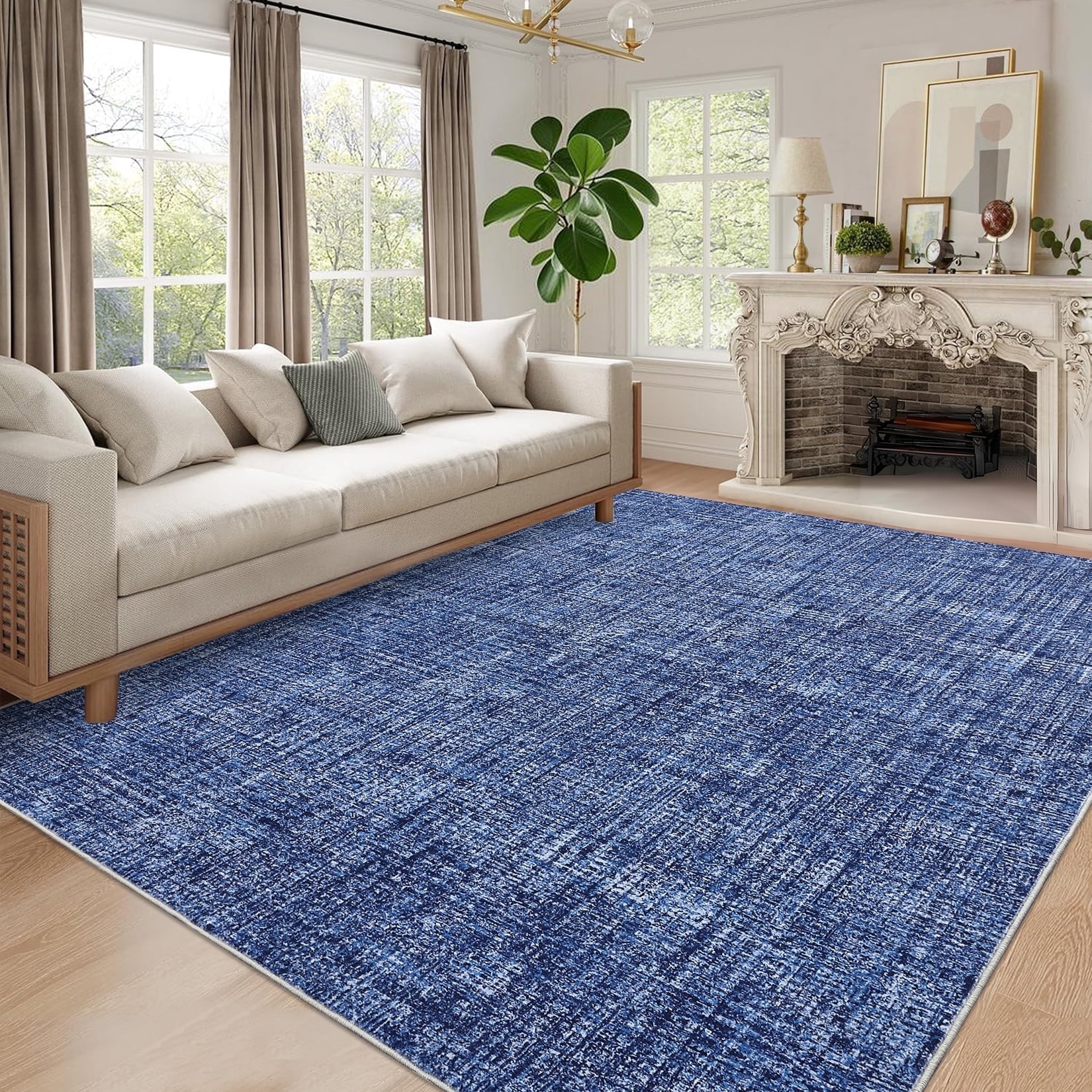 Garvee 9'x12' Solid Area Rugs, Washable Modern Accent Rugs Foldable Printed Indoor Rug Carpet, Stain-Resistant Soft Low Pile Floor Mat for Living Room Bedroom Offices, Blue