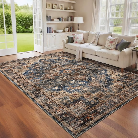 Garvee 9'x12' Vintage Area Rug Retro Oriental Indoor Carpet with Non Slip Backing, Washable Rug Distressed Foldable Floor Mats for Living Room Bedroom Dining Room, Blue Brown