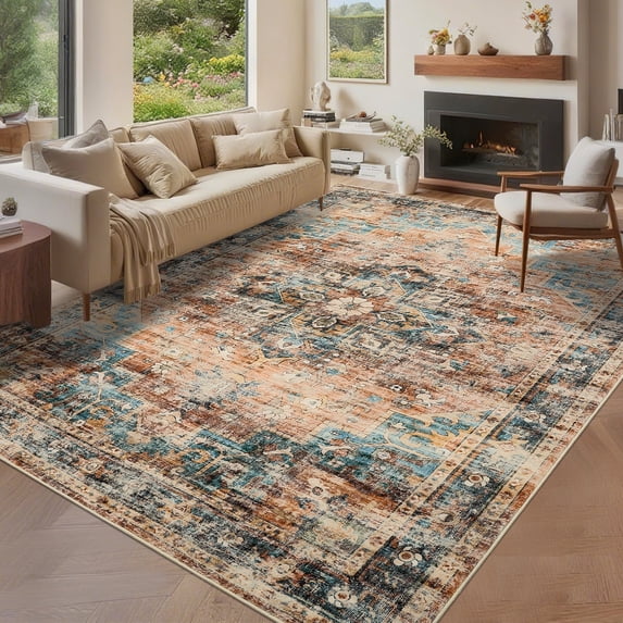 Garvee 9'x12' Vintage Area Rug Retro Oriental Indoor Carpet with Non Slip Backing, Washable Rug Distressed Foldable Floor Mats for Living Room Bedroom Dining Room, Green Brown