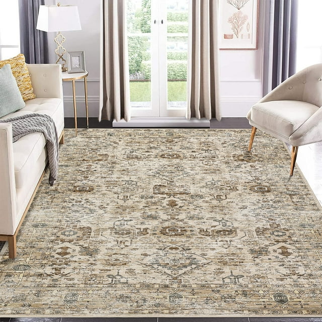 Garvee 9'x12' Vintage Area Rugs, Machine Washable Indoor Rug Non-Slip Carpets for Living Room Bedroom Dining Room Farmhouse, Low Pile Traditional Distressed Rugs, Beige