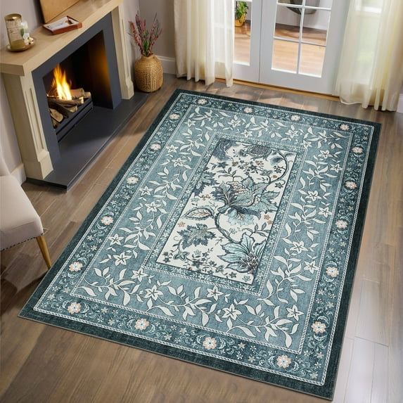 Garvee 9'x12' Vintage Floral Print Area Rug Botanical Rugs Living Room Rugs, Washable Rug Bedroom Carpet with Non-Slip Backing Bohemian Floor Mats for Dining Room Home Decor, Blue