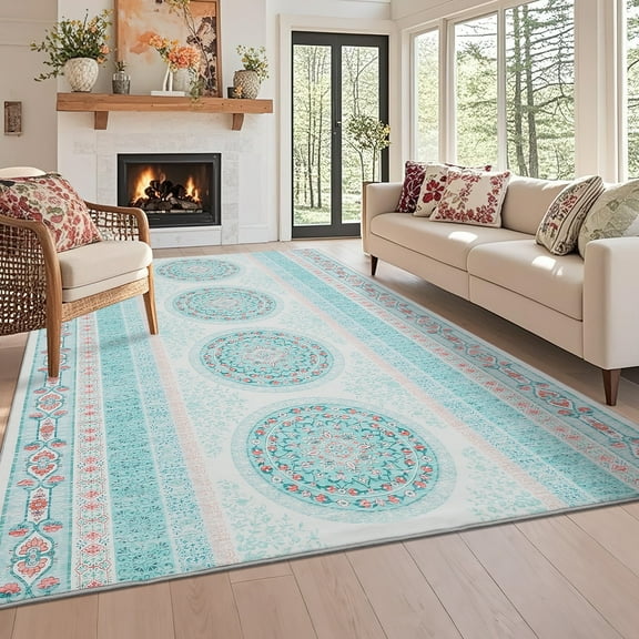 Garvee 9'x12' Vintage Boho Area Rugs Oriental Accent Rugs, Washable Printed Rug Stain Resistant Indoor Carpet Low Pile Soft Rugs for Living Room Bedroom, Light Blue