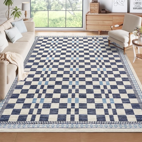 Garvee 9'x12' Checkered Area Rug Farmhouse Washable Rug, Soft Non-Slip Rugs Stain-Resistant Geometric Indoor Carpet for Living Room Bedroom Playroom, Blue
