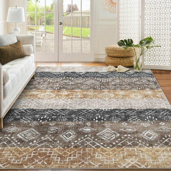 Garvee 9'x12' Washable Area Rug for Living Room Boho Geometric Rug Low Pile Non Slip Floor Carpet Farmhouse Soft Rug, Brown