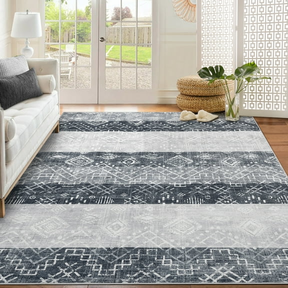 Garvee 9'x12' Washable Area Rug for Living Room Boho Geometric Rug Low Pile Non Slip Floor Carpet Farmhouse Soft Rug, Gray
