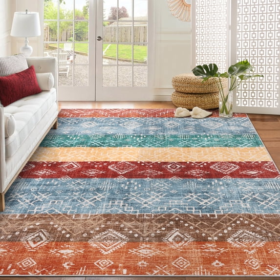 Garvee 9'x12' Washable Area Rug for Living Room Boho Geometric Rug Low Pile Non Slip Floor Carpet Farmhouse Soft Rug, Red/Multi