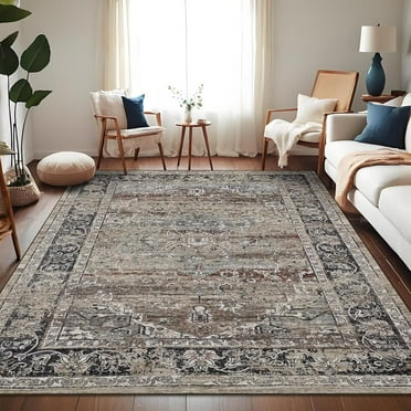 Garvee 9'x12' Washable Area Rugs for Living Room Floral Print Medallion Rug Non-Slip Low Pile Carpet for Bedroom, Brown