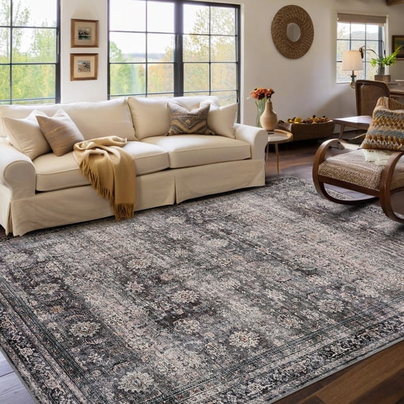 Garvee 9'x12' Washable Area Rugs for Living Room Floral Print Rug Non-Slip Low Pile Carpet for Bedroom, Brown Green