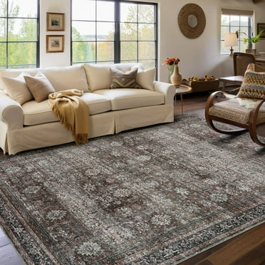 Garvee 9'x12' Washable Area Rugs for Living Room Floral Print Rug Non-Slip Low Pile Carpet for Bedroom, Dark Brown