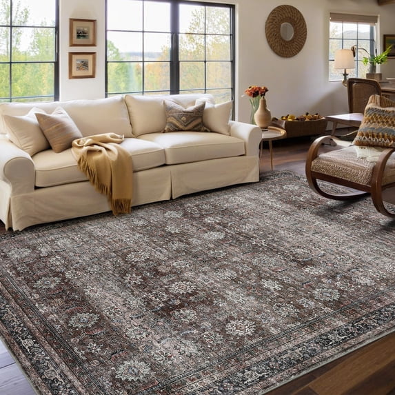 Garvee 9'x12' Washable Area Rugs for Living Room Floral Print Rug Non-Slip Low Pile Carpet for Bedroom, Dark Brown