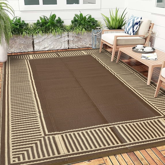 Garvee 9'x12' Waterproof Outdoor Area Rug Reversible Plastic Geometric Bordered Patio Mat UV-Protected for Deck, Backyard, RV and Camping, Brown