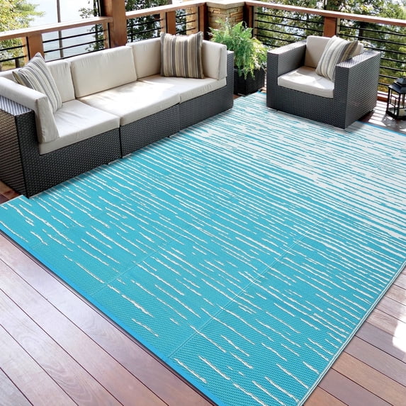 Garvee 9'x12' Waterproof Outdoor Rugs Modern Solid Plastic Straw Rugs, Reversible Outdoor Camping Carpet for Porch Deck Backyard Balcony, Blue