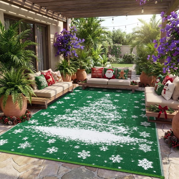 Defective Rug Garvee 9'x18' Christmas Tree Snowflake Outdoor Rug Large Plastic Patio ...