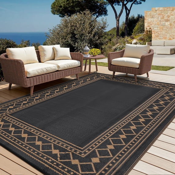 Garvee 9'x18' Outdoor Rug Modern Bordered Geometric Rug Waterproof Reversible Plastic Straw Rug for Patio Camping RV Balcony Backyard, Black Brown