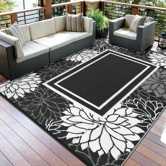 Garvee 9'x18' Outdoor Rug Reversible Plastic Straw Rug, Waterproof Floral Border Indoor Outdoor Rug for Patio RV Camping Balcony Deck Backyard, Black and White