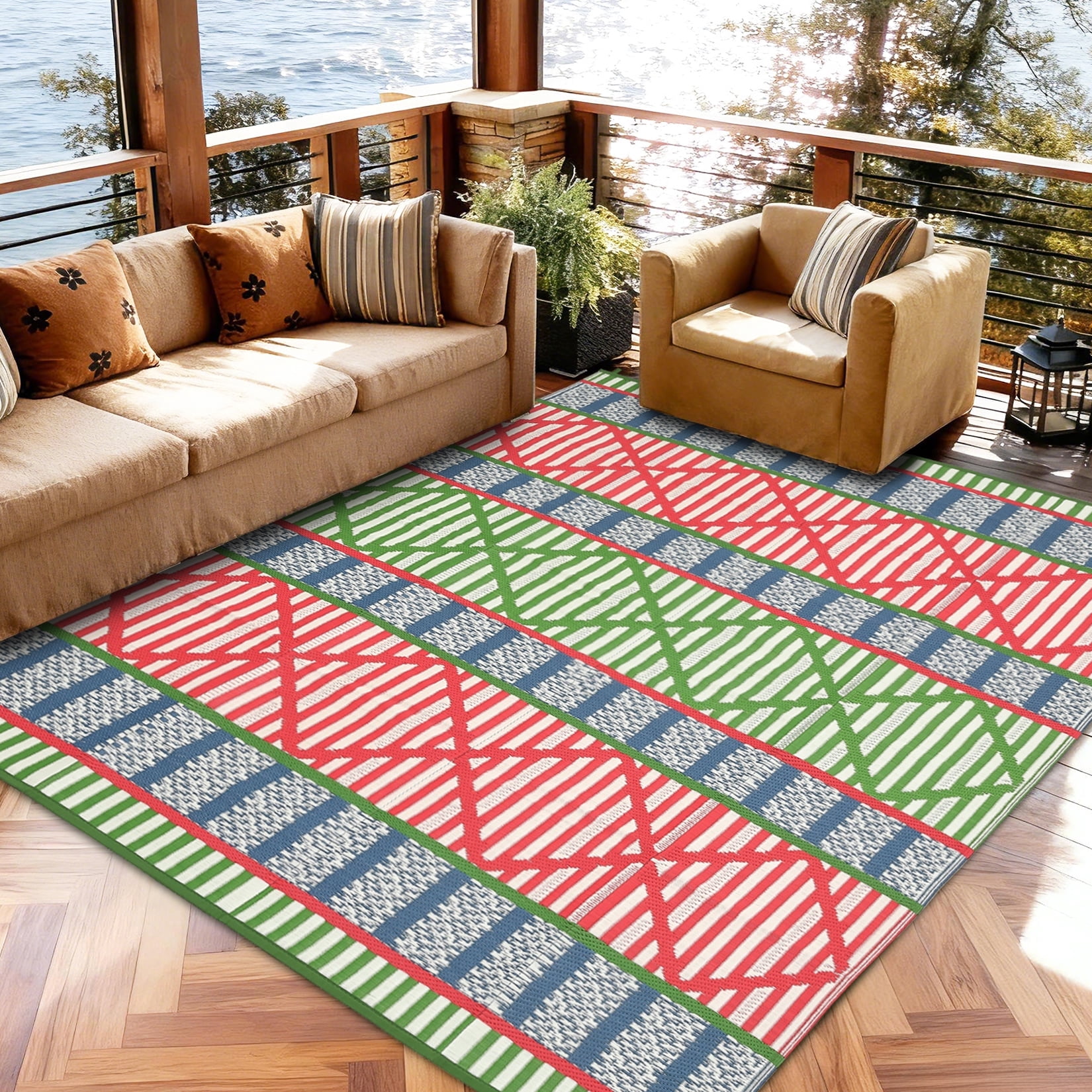 Garvee 9'x18' Outdoor Rug Waterproof Outdoor Patio Rug Mat, Reverisble Plastic Straw Outdoor Rug for RV Camping Picnic Beach Balcony, Multiplecolor