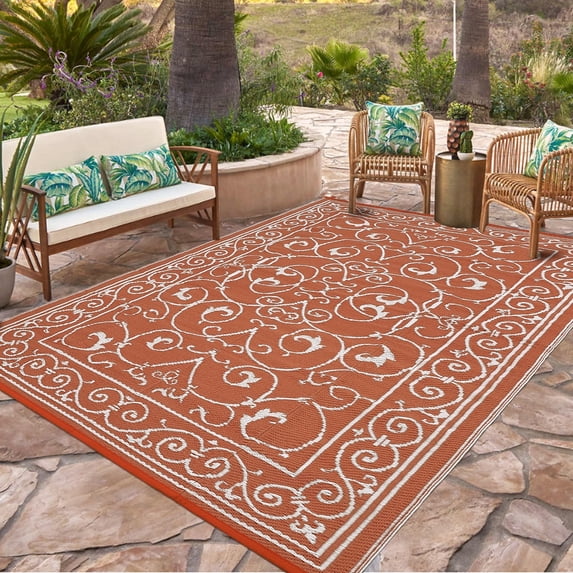 Garvee 9'x18' Outdoor Rug Waterproof Plastic Straw Rug, Reversible Outside Carpet UV Resistant Modern RV Mat for Backyard Garden Deck Poolside, Brick Red