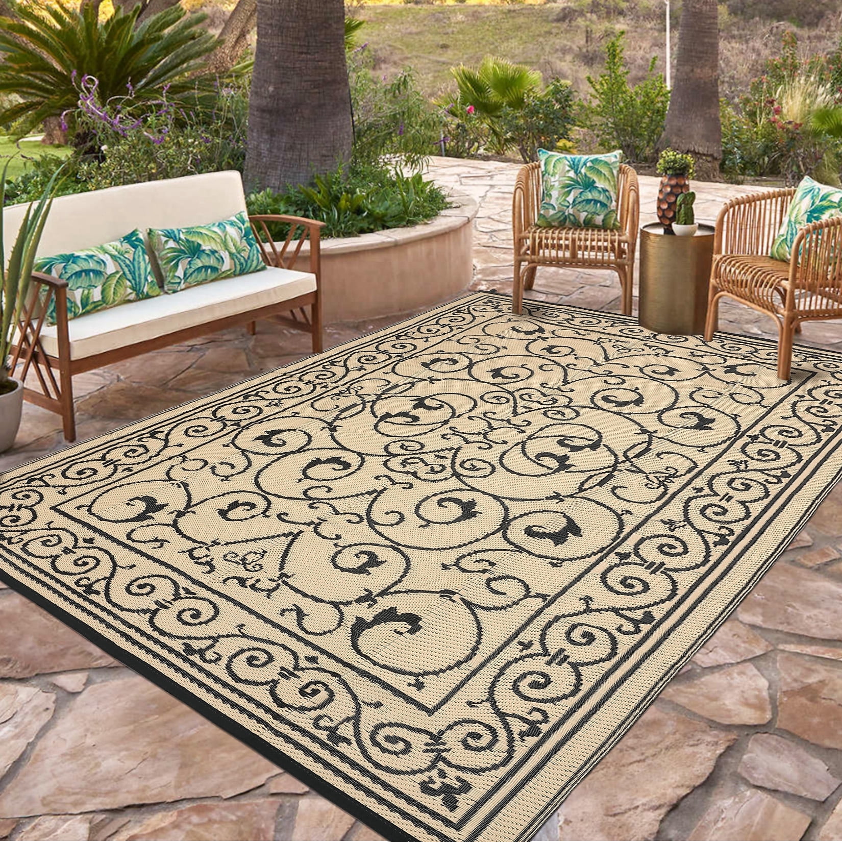 Garvee 9'x18' Outdoor Rug Waterproof Plastic Straw Rug, Reversible Outside Carpet UV Resistant Modern RV Mat for Backyard Garden Deck Poolside, Coffee