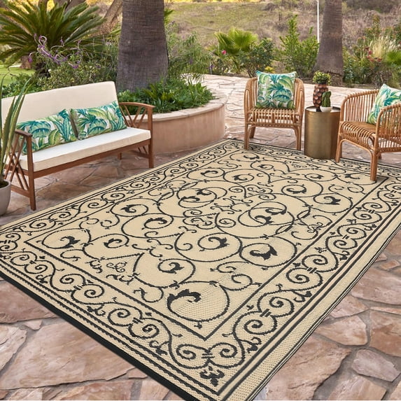 Garvee 9'x18' Outdoor Rug Waterproof Plastic Straw Rug, Reversible Outside Carpet UV Resistant Modern RV Mat for Backyard Garden Deck Poolside, Coffee