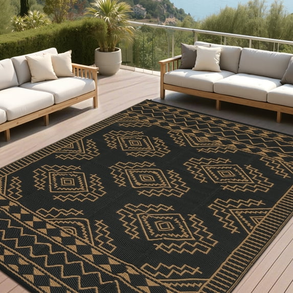 Garvee 9'x18' Waterproof Outdoor Rug, Modern Reversible Plastic Straw Patio Rug Foldable Lightweight RV Picnic Mat, Geometric Outdoor Carpet for Deck Balcony Porch, Black and Brown