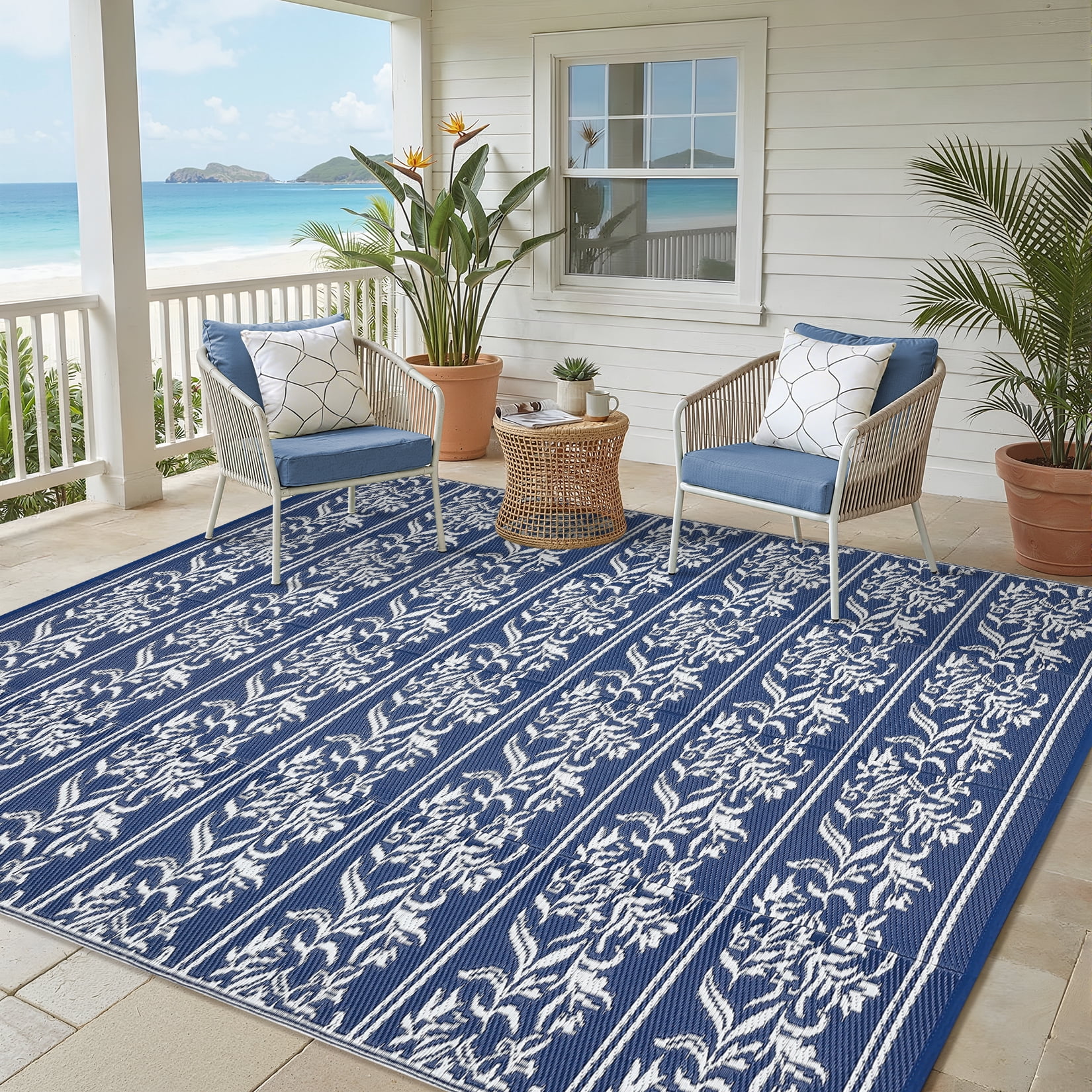 Garvee 9'x18' outdoor Rug Waterproof Print Camping Carpet, Reversible Plastic Straw Rug Indoor Outdoor Rug for Patio RV Balcony Deck Backyard, Dark Blue