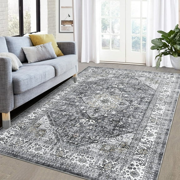 Garvee 9x12 Area Rug Large Vintage Distressed Rug Medallion Floral Print Rug Machine Washable Area Rugs for Living Room Bedroom Non-Slip Low Pile Accent Rug, Gray