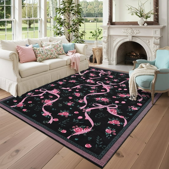Garvee 9x12 Area Rug Modern Floral Print Rugs for Living Room, Machine Washable Rug Soft Non Slip Indoor Rug Carpet, Low Pile Ultra Thin Farmhouse Rugs for Bedroom Dining Room Home Decor, Black