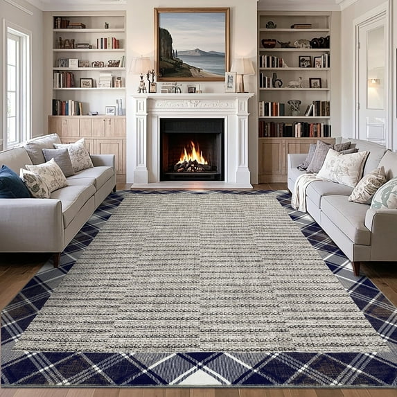 Garvee 9'x12' Area Rugs Checkered Bordered Rugs for Living Room, Washable Non-Slip Rugs Soft Low Pile Carpet Modern Farmhouse Rug for Bedroom Christmas Home Decor, Light Brown