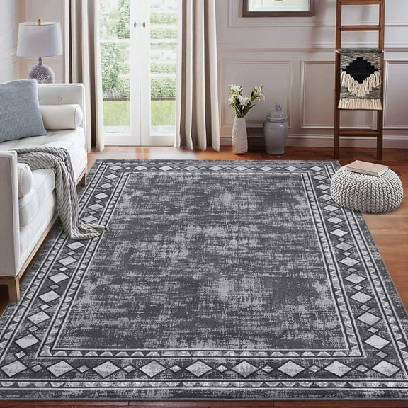 Garvee 9'x12' Geometric Bordered Area Rugs Contemporary Rugs for Living Room, Non-Slip Washable Rugs Soft Throw Rugs Low-Pile Stain Resistant Carpet for Bedroom Dining Room Farmhouse, Gray