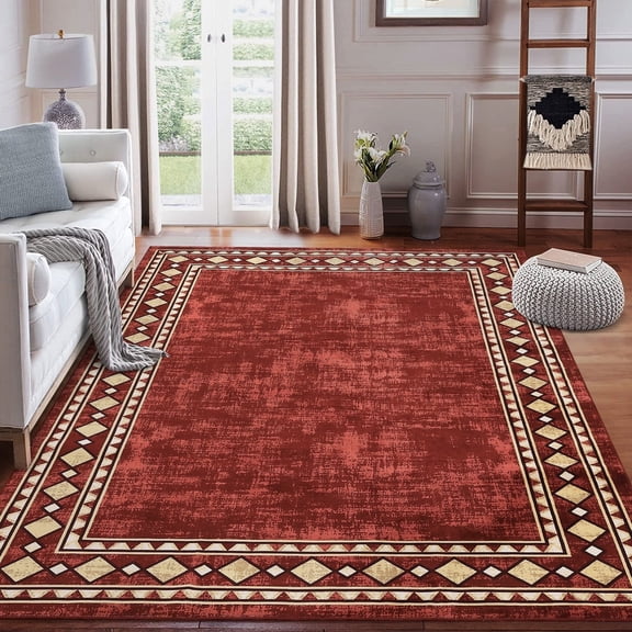 Garvee 9'x12' Geometric Bordered Area Rugs Contemporary Rugs for Living Room, Non-Slip Washable Rugs Soft Throw Rugs Low-Pile Stain Resistant Carpet for Bedroom Dining Room Farmhouse, Red