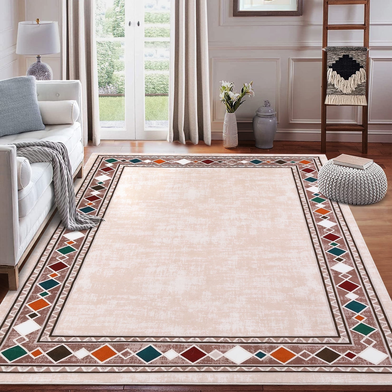 Garvee 9'x12' Geometric Bordered Area Rugs Contemporary Rugs for Living Room, Non-Slip Washable Rugs Soft Throw Rugs Low-Pile Stain Resistant Carpet for Bedroom Dining Room Farmhouse, Beige