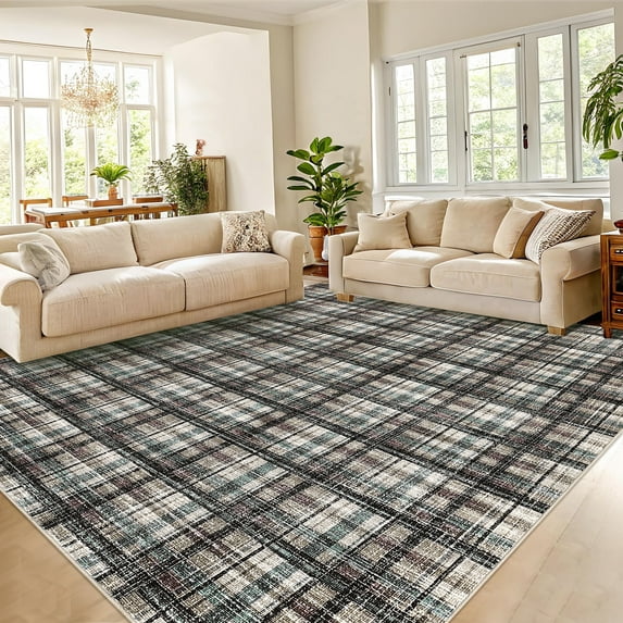 Garvee 9x12 Geometric Striped Area Rug Living Room Rug, Machine Washable Plaid Rugs With Non-Slip Backing Low Pile Stain Resistant Indoor Carpet for Bedroom Dining Room Home Office, Blue Green