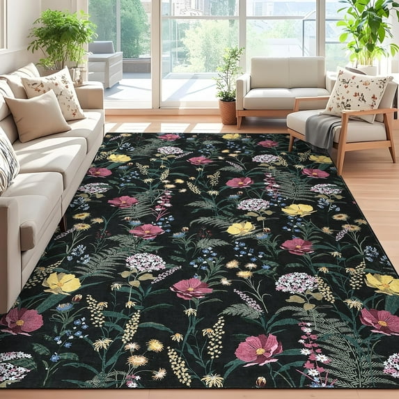 Garvee 9'x12' Floral Area Rugs, Machine Washable Farmhouse Print Carpet, Non-Slip Low Pile Indoor Rug for Living Room Bedroom Playroom, Black