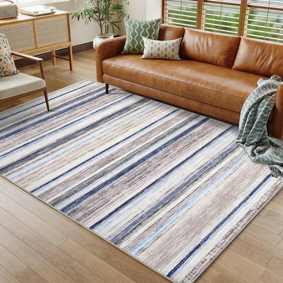 Garvee 9x12 Modern Striped Area Rug Machine Washable Rug for Living Room, Non-Slip Soft Low Pile Indoor Rugs Stain-Resistant Carpet for Bedroom Dining Room Home Decor, Blue and Camel
