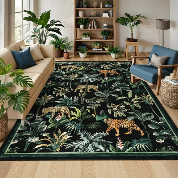 Garvee 9x12 Tiger Area Rug Washable Rug, Tropical Jungle Plant Printed Rugs Non Slip Non Shedding Indoor Rug Carpet for Bedroom Living Room Dining Room, Black
