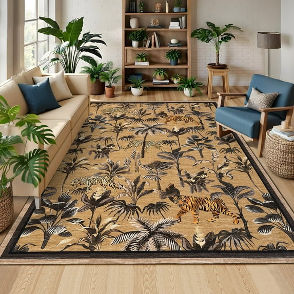 Garvee 9x12 Tiger Area Rug Washable Rug, Tropical Jungle Plant Printed Rugs Non Slip Non Shedding Indoor Rug Carpet for Bedroom Living Room Dining Room, Brown