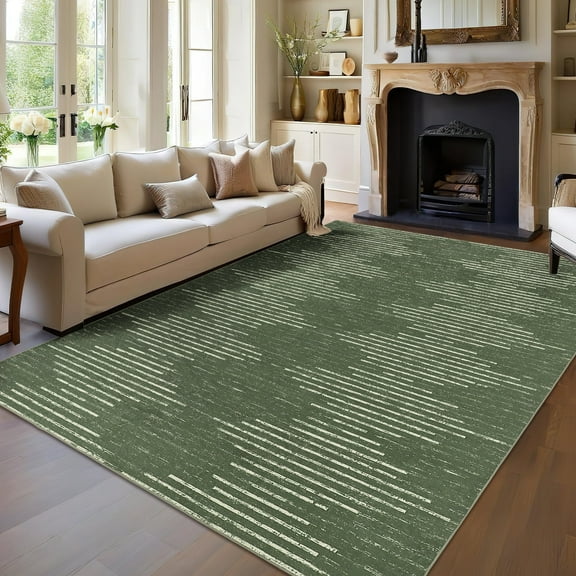 Garvee 9x12 Washable Area Rugs Modern Solid Rug, Non-Slip Striped Geometric Rug Stain-Resistant Contemporary Rug Carpet for Living Room Bedroom Dining Room, Green