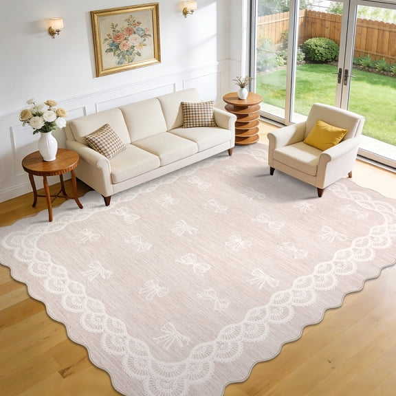 Garvee 9x12 Wave Border Area Rug Coquette Bow Pattern Carpet, Machine Washable Low Pile Rug with Non-Slip Backing for Living Room Bedroom Home Office, Beige
