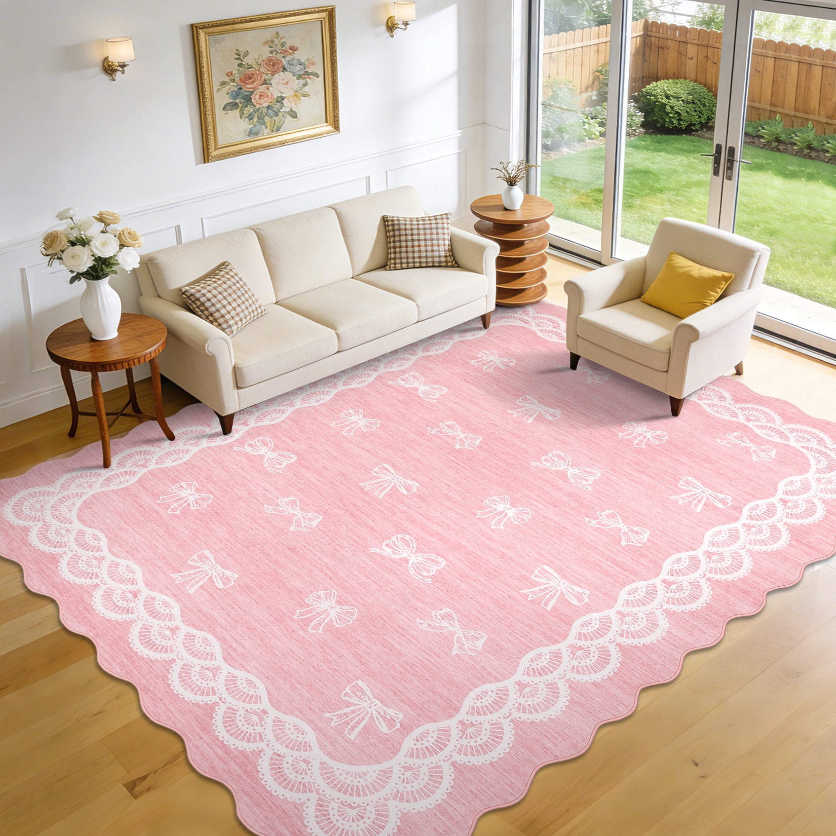 Garvee 9x12 Wave Border Area Rug Coquette Bow Pattern Carpet, Machine Washable Low Pile Rug with Non-Slip Backing for Living Room Bedroom Home Office, Pink