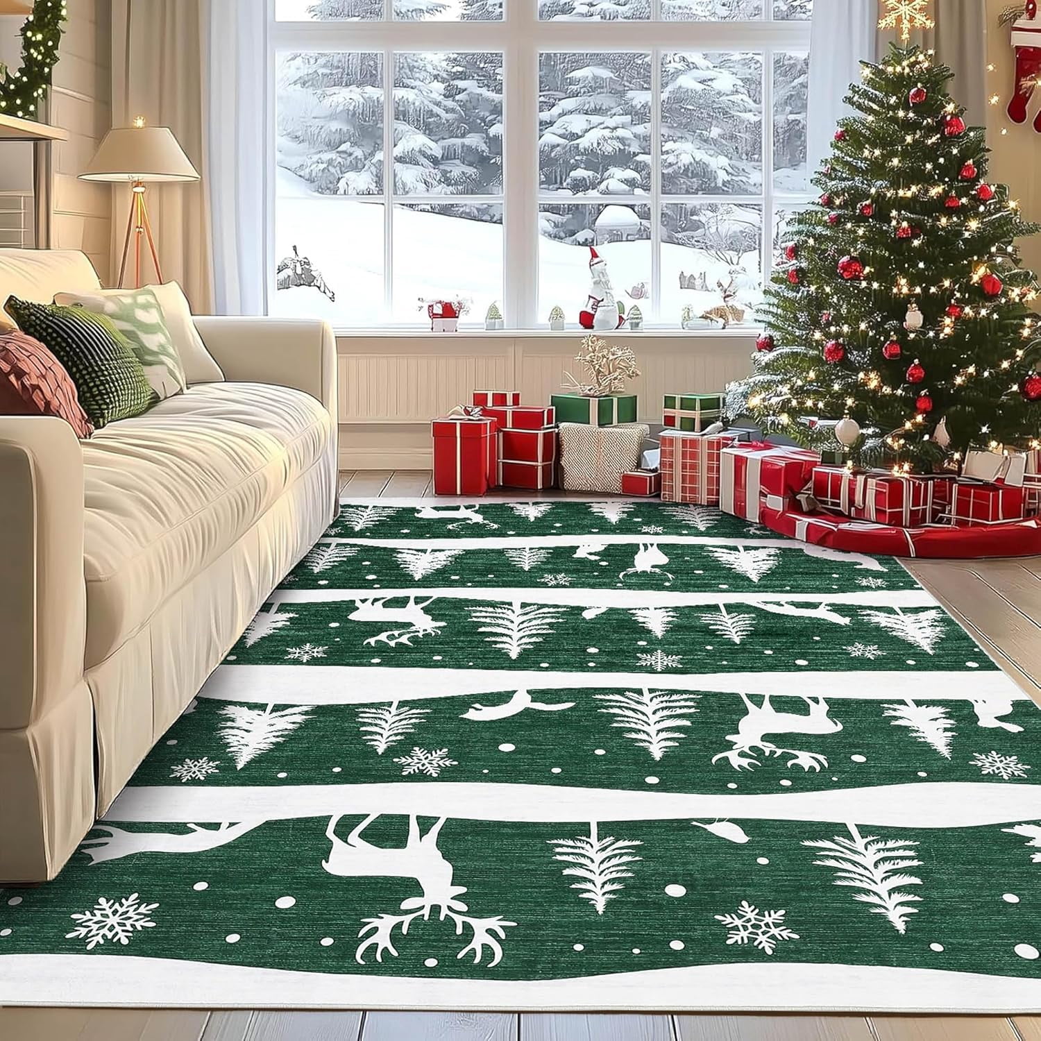 Garvee 9x12 ft Christmas Rug, Washable Non Slip Low Pile Carpet, Xmas Tree Reindeer Snowflake Indoor Rug for Entryway, Kitchen, Living Room, Green